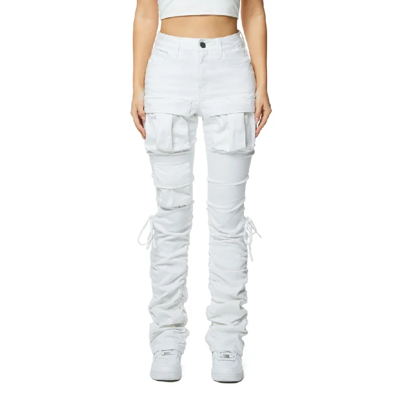 High Rise Strap Bootcut Twill Pants - White