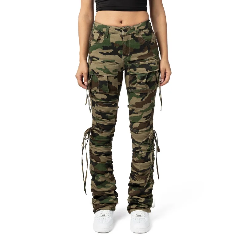 High Rise Strap Bootcut Twill Pants - Wood Camo