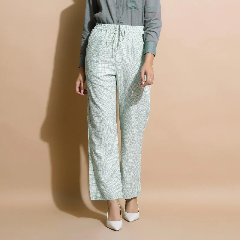 Light Green Checkered Cotton Muslin Elasticated Mid-Rise Pant