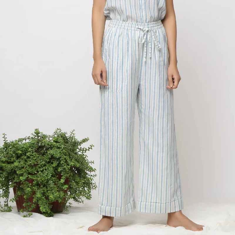 Sky Blue Elasticated Cotton Mid-Rise Rolled Up Pant