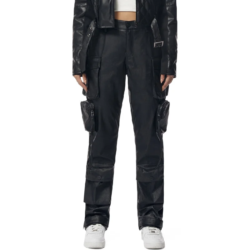 Vegan Leather Utility Cargo Pants - Black