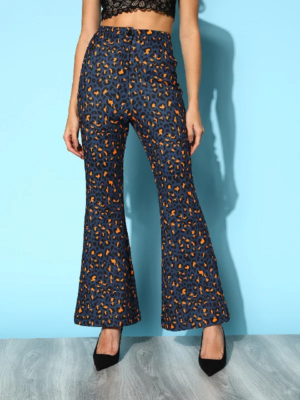 Women Navy Cheetah Scuba Bell Bottom Pants