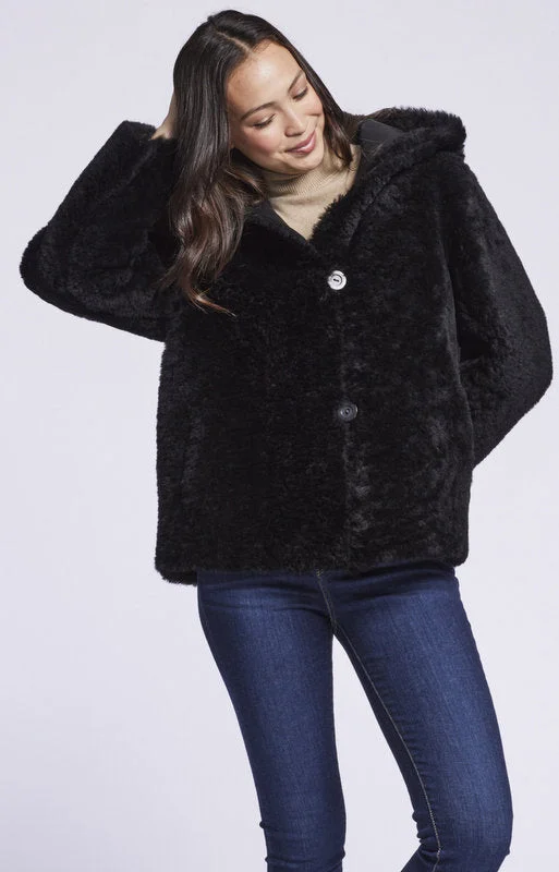 399HDB  Reversible hooded shearling jacket in black  Just one left 1/S  $595.00