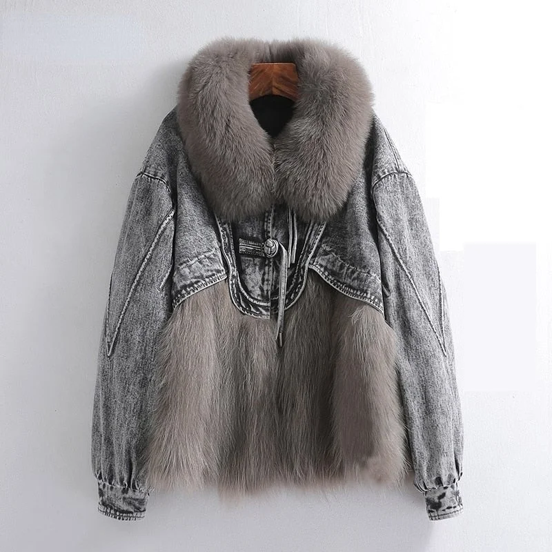 Women's Korean Fashion Denim Patchwork Real Raccoon Fur Short Coat