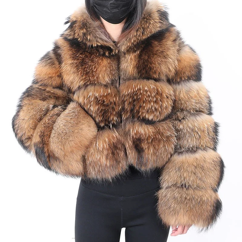 Women's Winter Fashion Luxury Natural Raccoon Fur Hooded Jacket