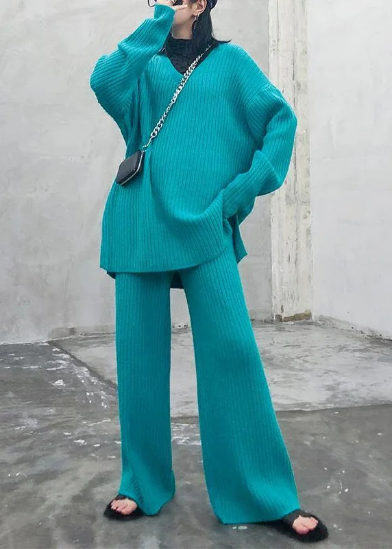 Autumn and winter suit 2024 new women's fashion knitted wide leg pants blue green two piece