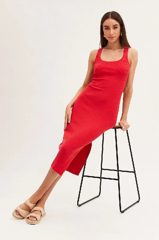 Red Bodycon Midi Dress Round Neck Knit