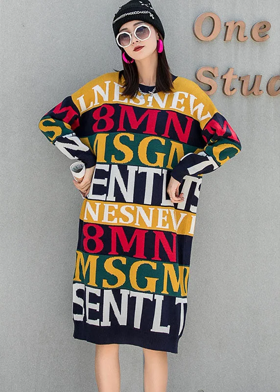 Unique O-Neck Loose Graphic Fall Knit Dress Long Sleeve