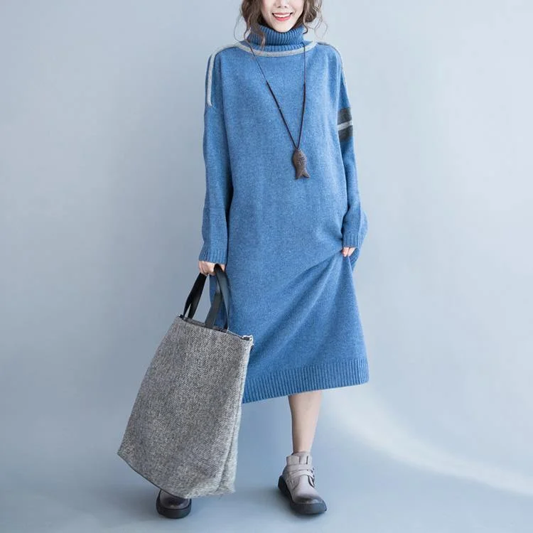 Women light blue Sweater weather Beautiful high neck long sleeve oversized knit dress fall