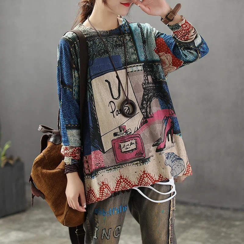 Women New Casual Knitted Cotton Printing Sweater