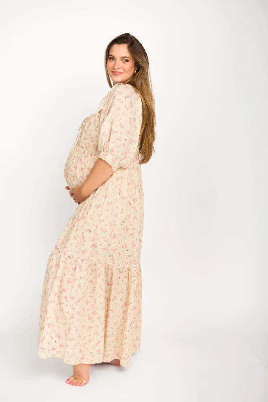 Cara 100% Cotton Maxi Dress in Pink/Brown Floral