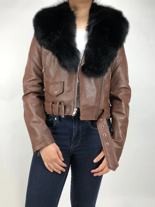 Women's Classic Biker Brown With Fox Collar