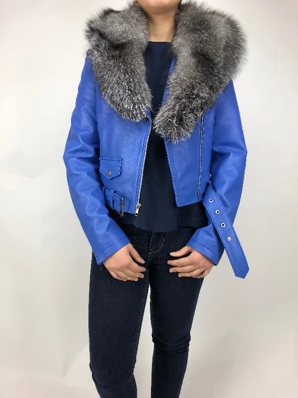 Women's Classic Biker Royal Blue With Fox Collar [ SLIM FIT ]