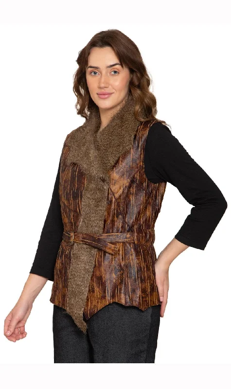 Women's Faux Fur Trimmed Belted Vegan Leather Vest