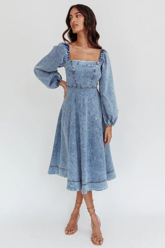 Jeanie Long Sleeve Midi Dress Denim Blue