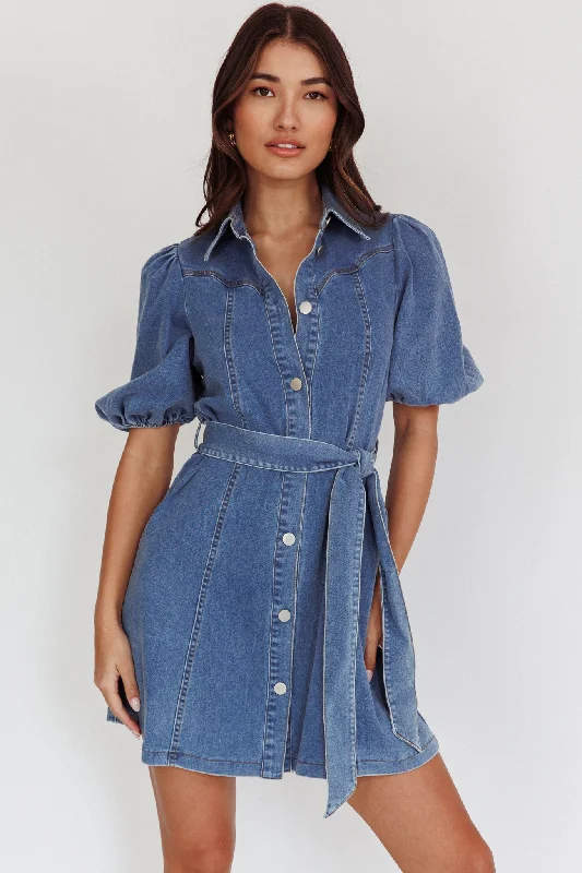 Myleigh Puff Sleeve Waist Tie Mini Dress Denim Blue