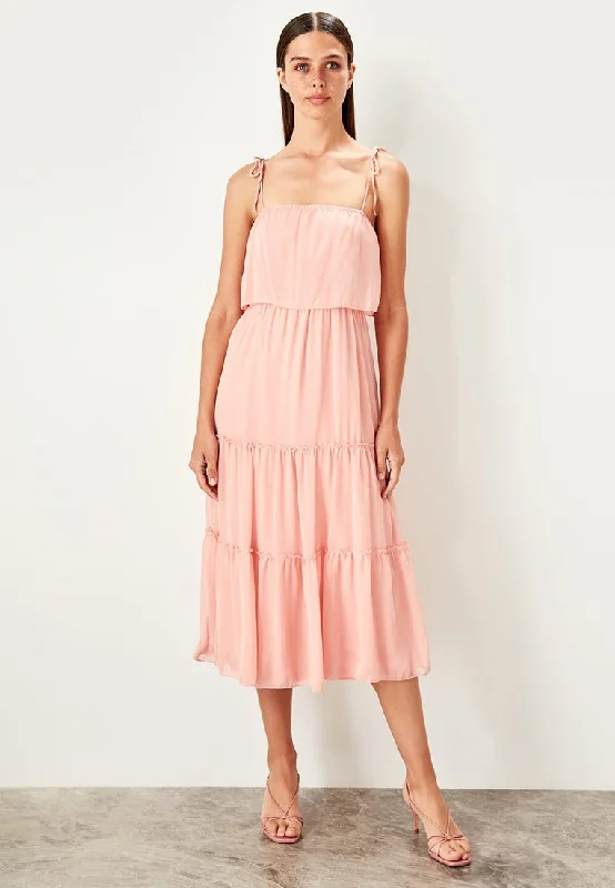 Tie Shoulder Pleated Dress Pink