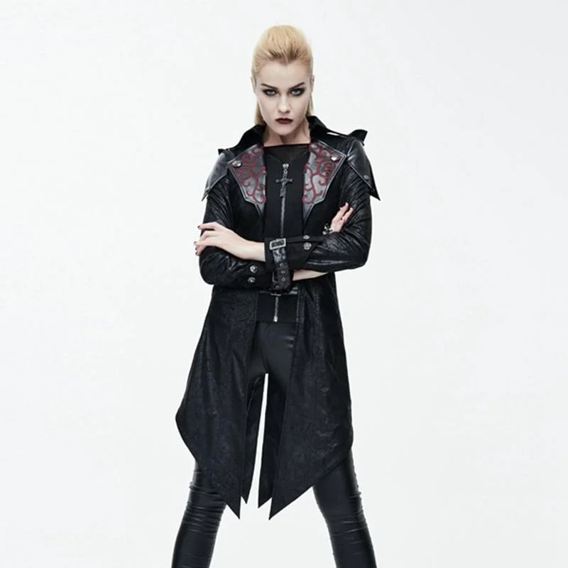 Women's Asymmetric Hem Hooded Goth Coat with Leather Details