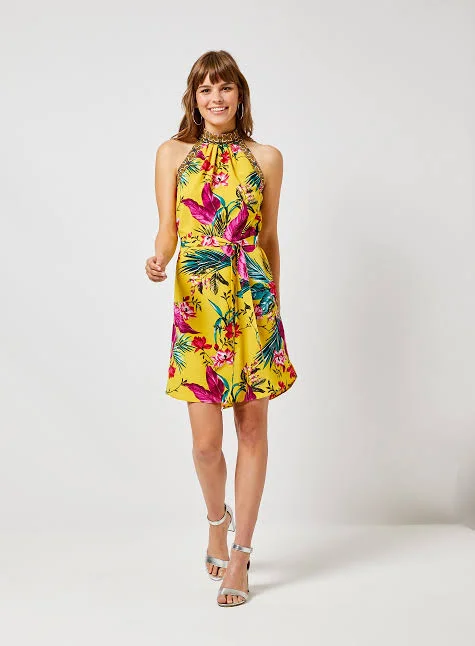 Yellow Tropical Print Tie Waist Dress