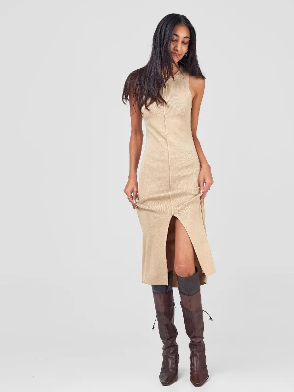 A-Line Sleeveless Ribbed Dress W/Front Slit - Beige