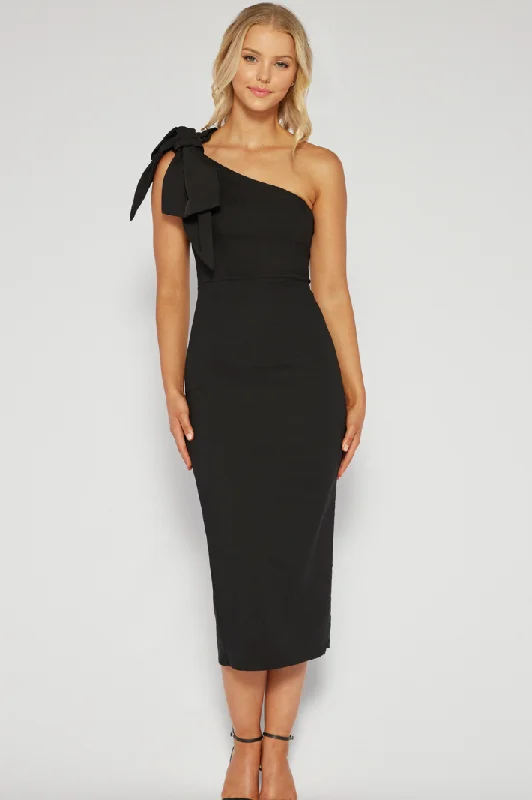 AVEC BOW ONE SHOULDER MIDI DRESS - Black