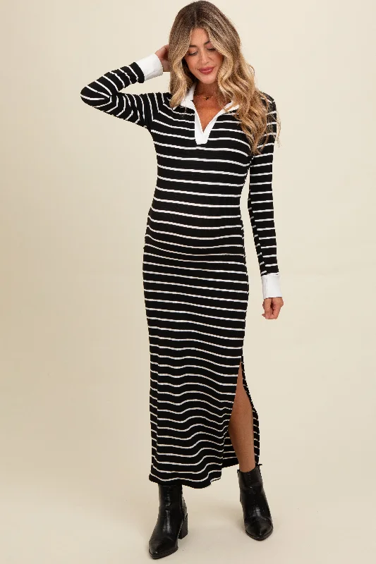 Black Striped Collared Long Sleeve Maternity Midi Dress