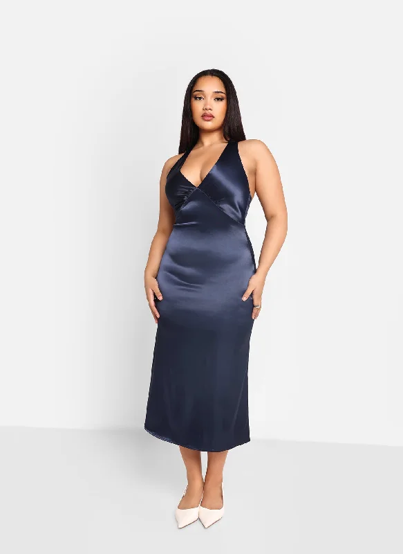 Freya Satin Halter Criss Cross Back Midi Shift Dress - Indigo