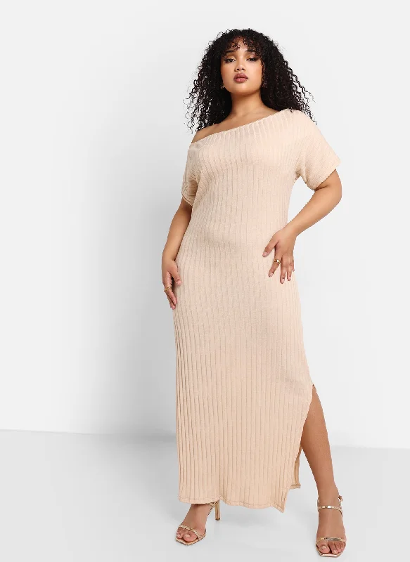 Maci Ribbed Knit Off Shoulder Maxi Slip Dress - Ivory