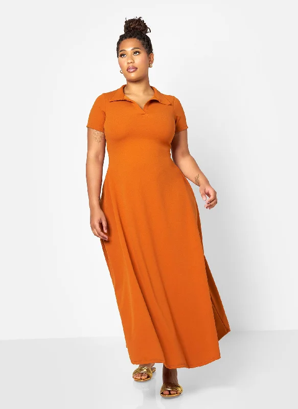 Morgana Crepe Collared Maxi A Line Dress - Spice