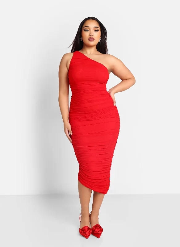 Paris Mesh One Shoulder Asymmetrical Midi Bodycon Dress - Cherry