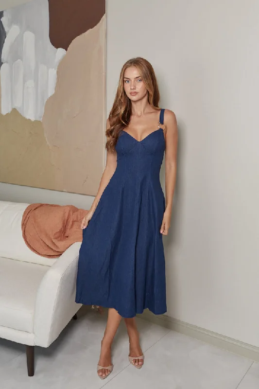 XAYAH FLOWY DENIM MIDI  DRESS - Navy