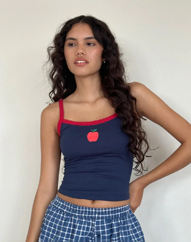 Icah Pyjama Vest Top in Navy with Red Binding and Apple Motif