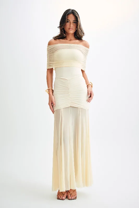 Caspian Slinky And Mesh Off Shoulder Maxi Dress - Ivory