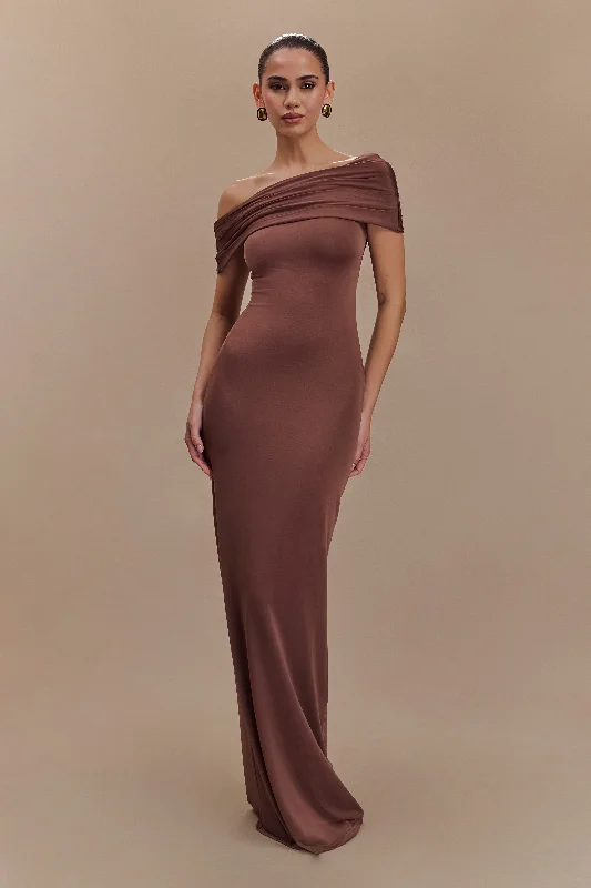 Cassandra Off Shoulder Slinky Maxi Dress - Chocolate