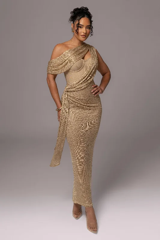 Gold Metallic Celestina Draped Maxi Dress