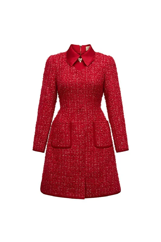 Claire A-line Collared Neck Tweed Mini Dress