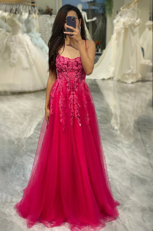 A Line Fuchsia Tulle Long Appliqued Prom Dress