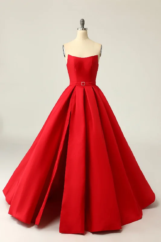 A Line Strapless Red Prom Party Dress with Split Front