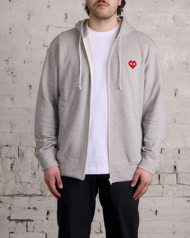 Comme des Garçons PLAY Invader Red Heart Zip Hooded Sweatshirt Grey