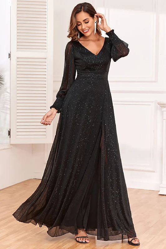 Glitter A-Line Long Sleeves Black Mother of The Bride Dress with Slit