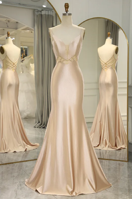 Mermaid Champagne Backless Long Prom Dress