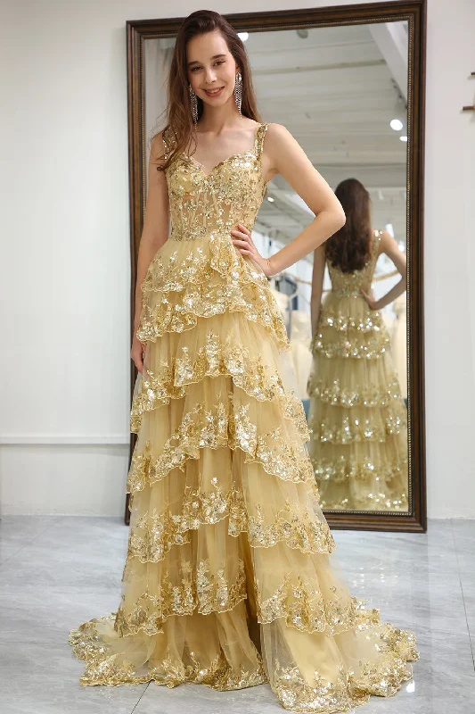 Sparkly Golden Tiered A-Line Long Prom Dress with Lace