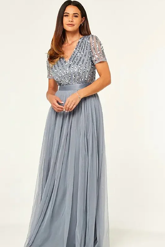 Sparkly V-Neck Grey Formal Dress with Short Sleeves