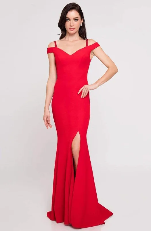 Terani Couture - 1813B5185 Sculpted Off Shoulder High Slit Sheath Gown