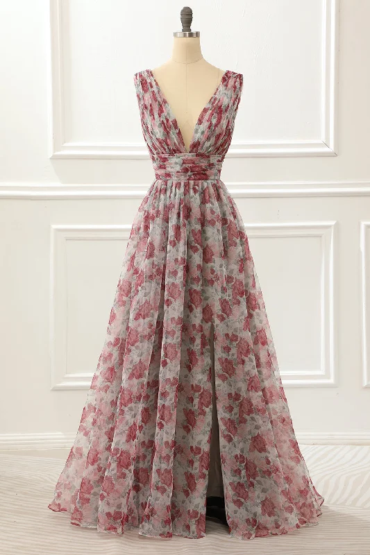 V-neck Floral A Line Prom Dress