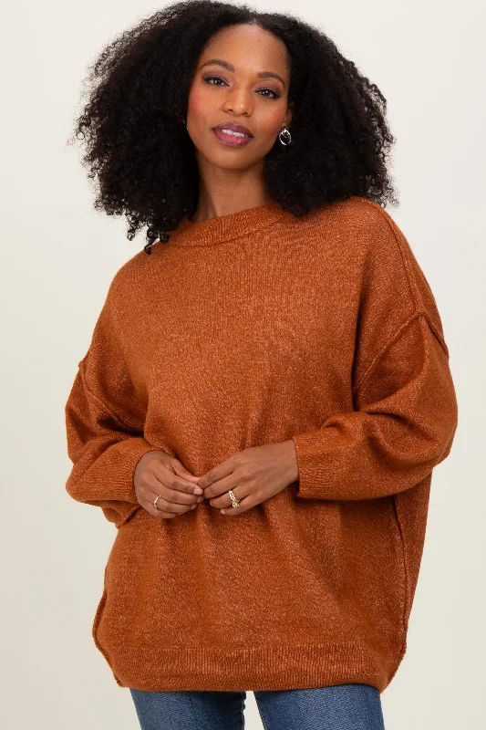 Camel Oversized Crewneck Melange Knit Sweater