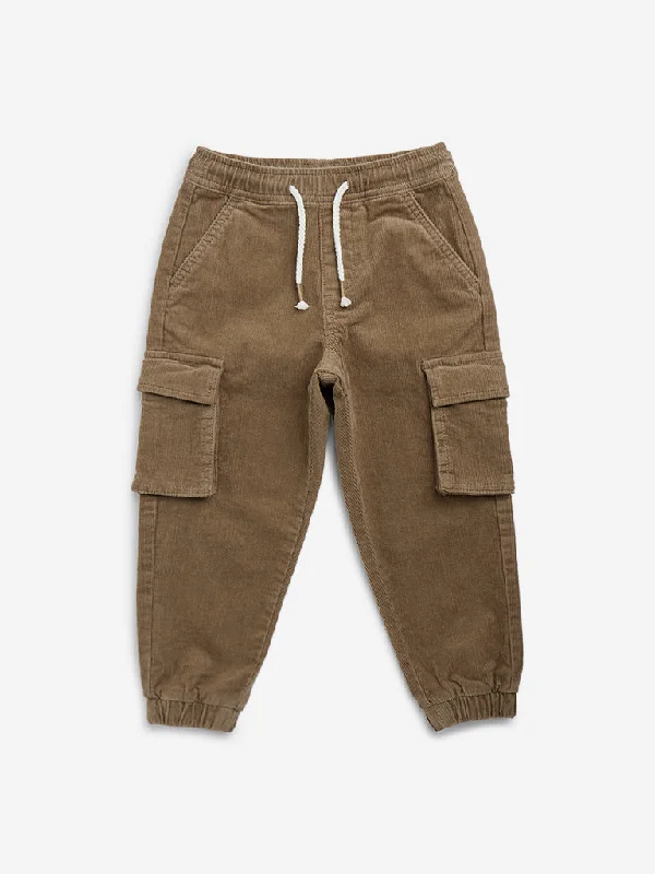 HOP Kids Light Brown Cargo-Style Corduroy Mid-Rise Cotton Blend Joggers