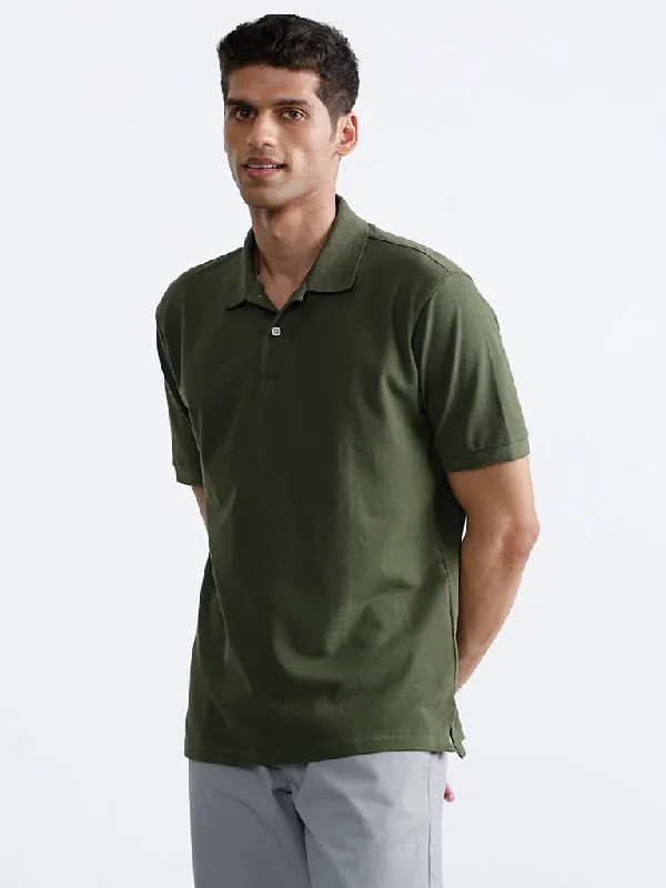 WES Casuals Dark Olive Polo Neck Cotton Blend Relaxed-Fit T-Shirt