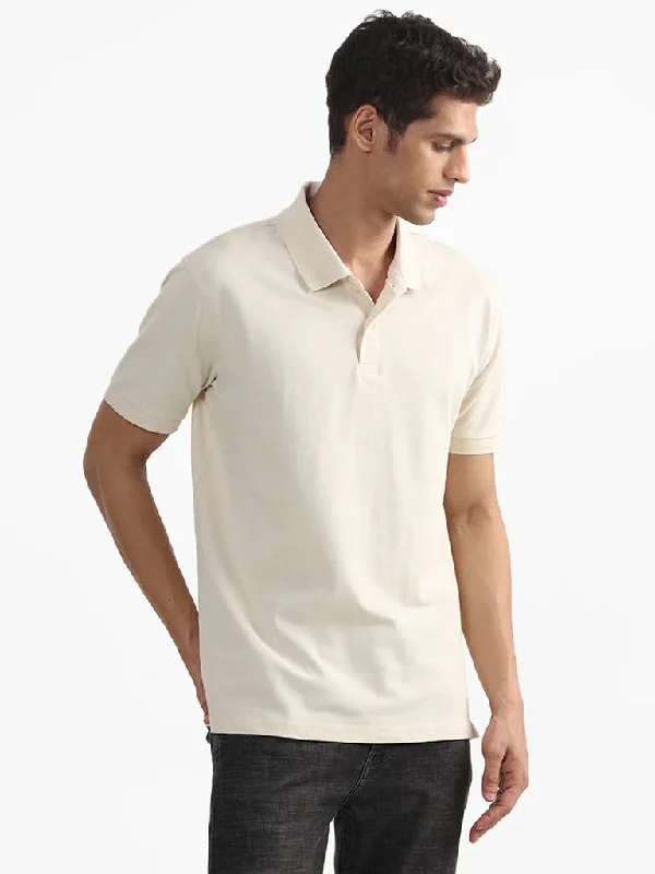 WES Casuals Plain Cream Cotton Blend Polo Neck T-Shirt