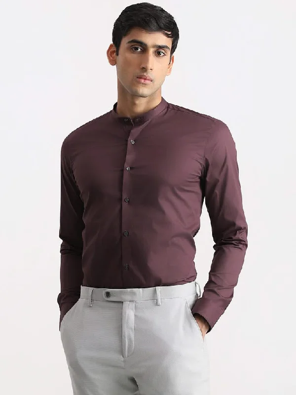 WES Formals Solid Dark Plum Cotton Blend Ultra-Slim Fit Shirt